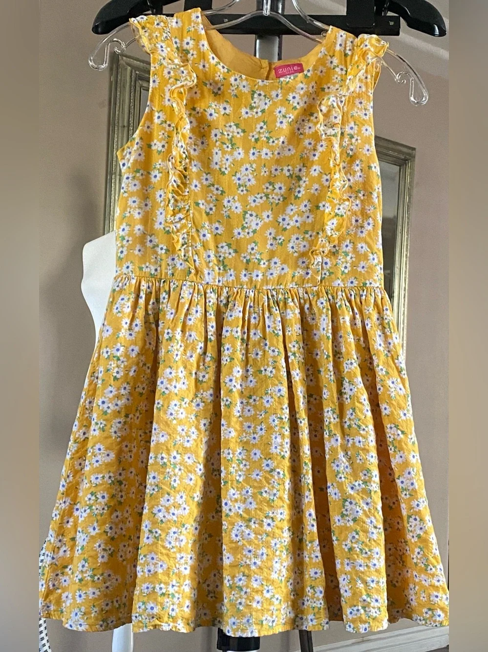 Zunie Yellow Floral Ruffle Sundress with White & Blue Flowers